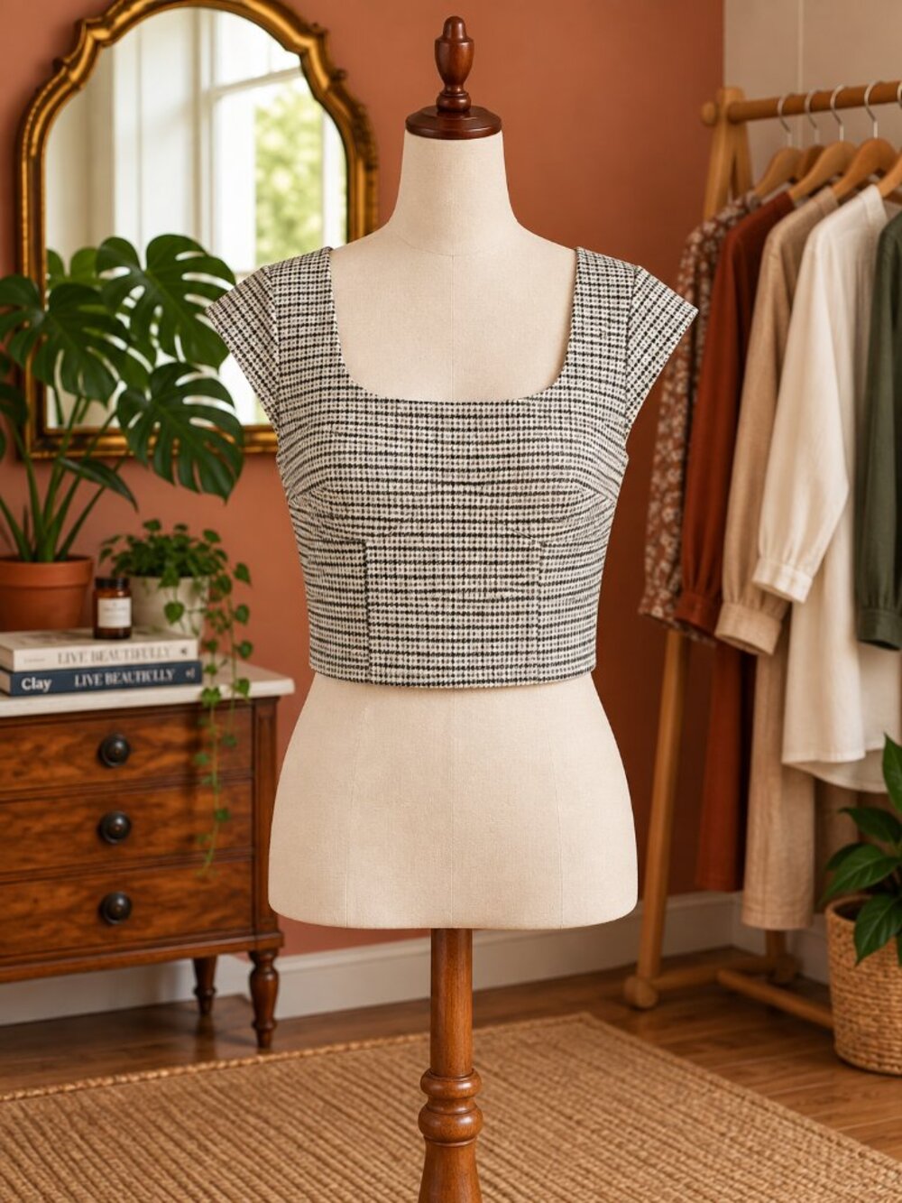 H&M Black and White Houndstooth Crop Top